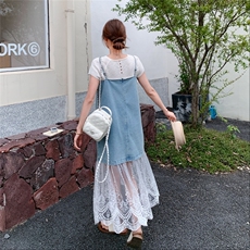 蕾丝网纱拼接牛仔吊带连衣裙套装女2025夏季新款设计感T恤两件套，女装连衣裙，浙宝069
