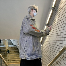 复古毛边火焰刺绣牛仔外套男春秋季水洗潮痞帅工装夹克JK8320-P60，男装工装外套，星座302B