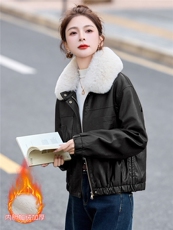 2025年冬季新款现货时尚潮流加绒保暖皮衣外套（毛领可脱卸），女装皮衣，臻衣坊