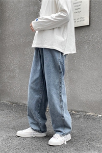 秋冬季港风纯色中性宽松拖地裤直筒牛仔裤阔腿休闲长裤子KZ15/图片