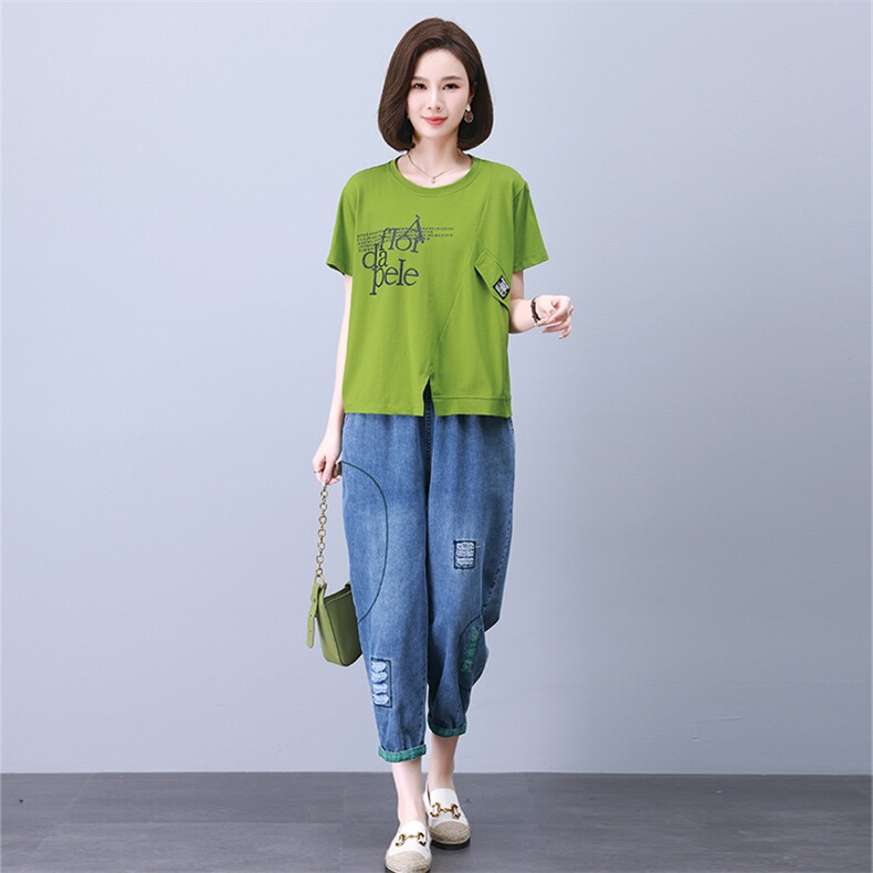 夏季休闲套装女2023年新款中年妈妈时尚洋气短袖宽松牛仔裤两件套,女装套装/套裙,叶笙衣