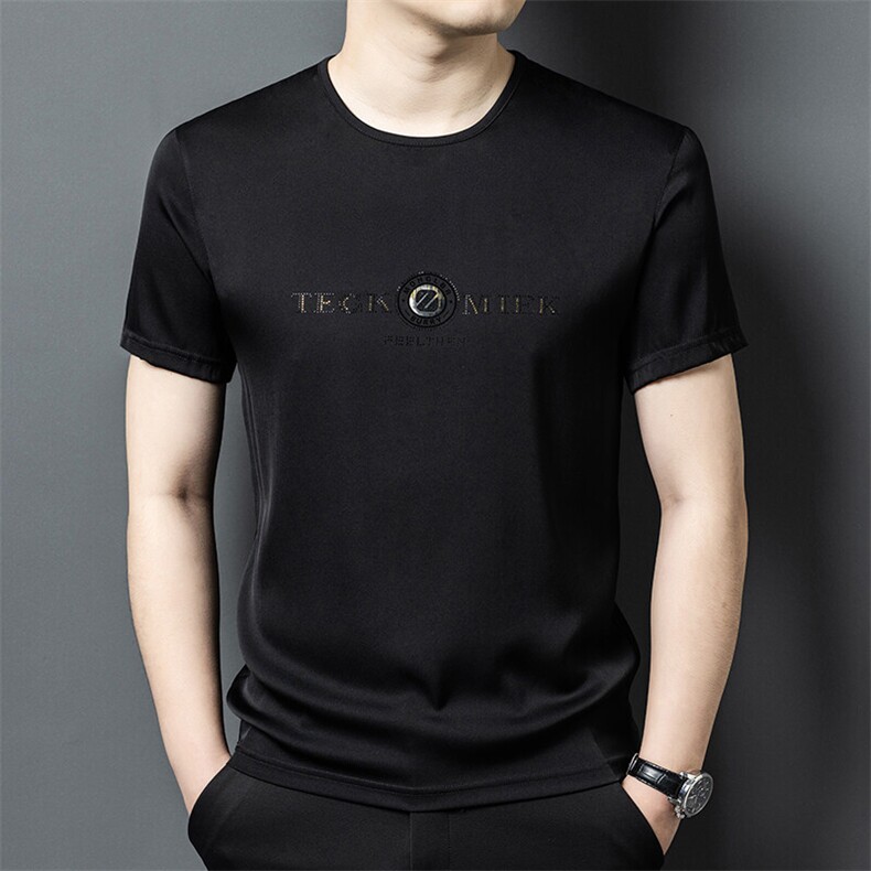 2025新款男真丝T恤圆领短袖真丝衫丝绸缎顺滑高端上衣男装，男装Polo衫，钱塘6003（原4033）