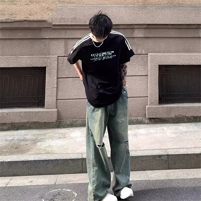 夏季美式高街重磅纯棉三条杠织带撞色男女短袖T恤ZD618-特P30,男装T恤,电商A486-1