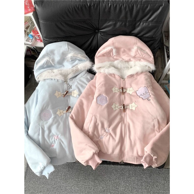 冬季夹棉加厚棉服日系软妹可爱猫咪刺绣加厚保暖棉衣毛茸茸外套女,男装棉衣,星座1210-1