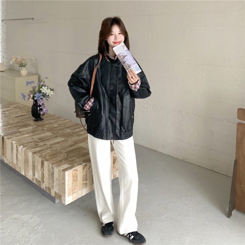 美式复古机车女孩皮衣女2026新款春季翻领宽松高级格纹撞色外套,女装皮衣,艾米莉亚