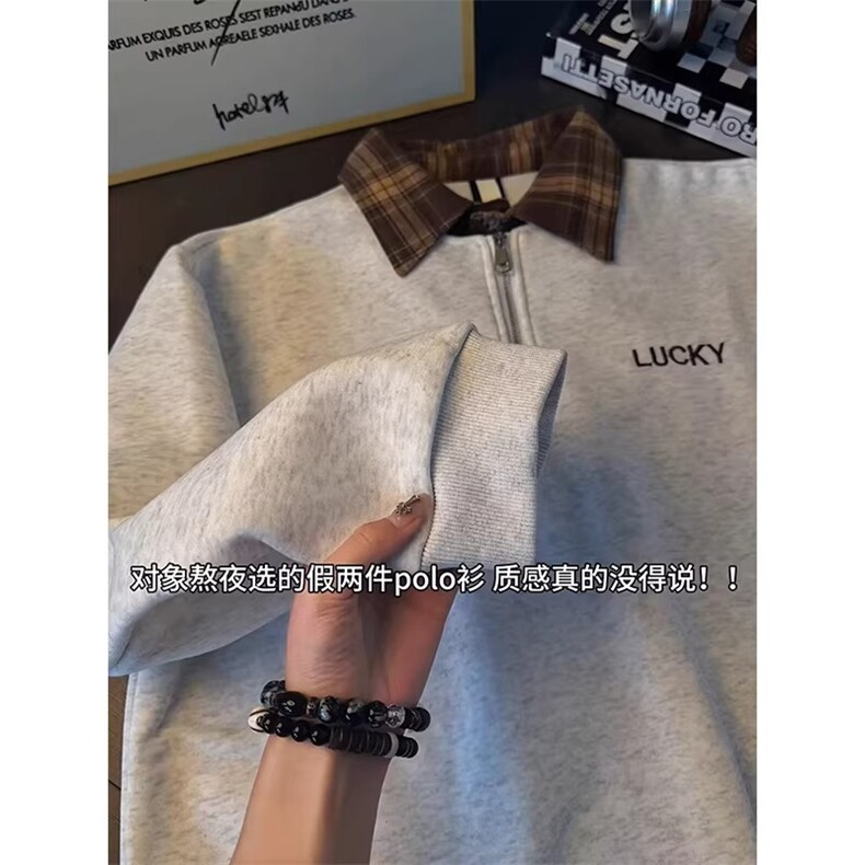 假两件半拉链polo衫卫衣男春季新款美式重磅正肩长袖t恤LW199-P45,男装T恤,星座1008