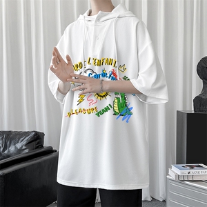 LD54219-P45 连帽短袖t恤男大码胖子带帽五分袖中袖图片