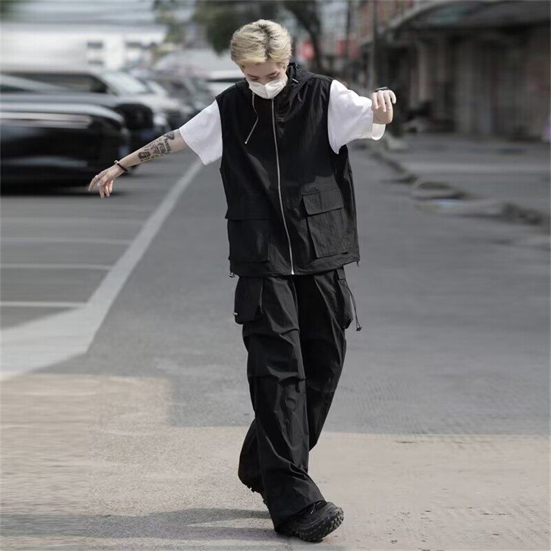 wassuphappy马甲防晒套装男士夏季2025新款潮流痞帅休闲一套搭配,男装休闲套装,星座1008
