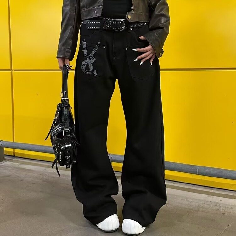 梨型身材黑色直筒牛仔裤女2025秋冬大码胖妹妹mm宽松显瘦阔腿长裤,男装牛仔裤,星座506A