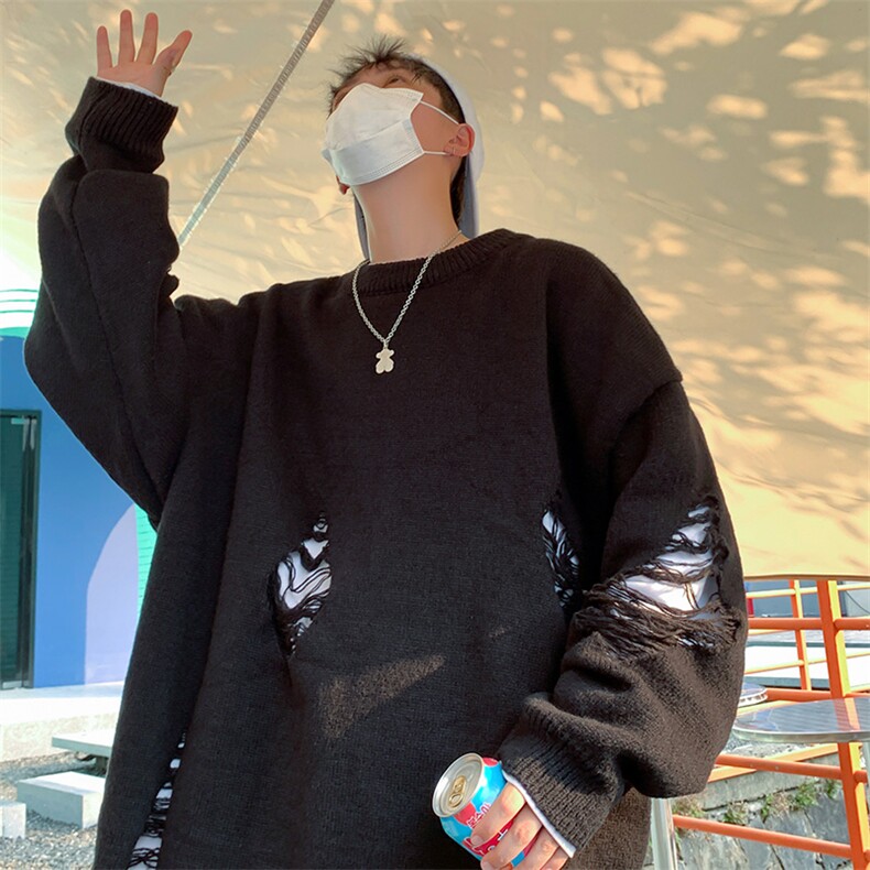 美式复古破洞毛衣男秋季潮牌宽松休闲情侣小众针织衫M614-P36,男装针织衫/毛衣,星座512-2