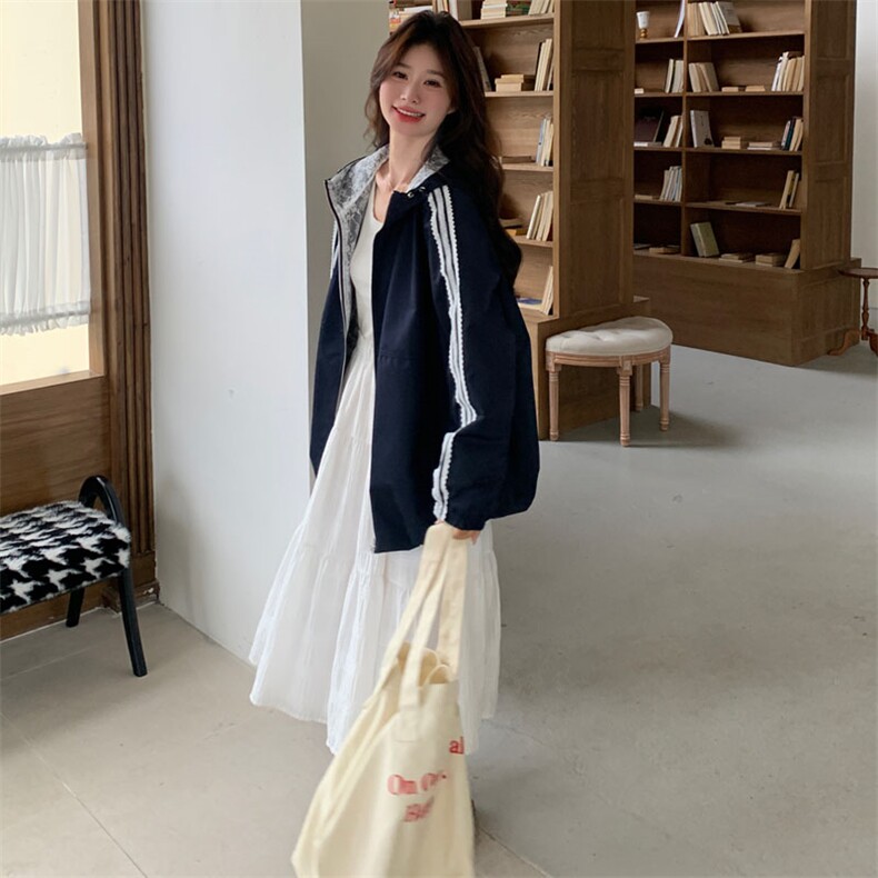韩版设计感蕾丝花边连帽工装外套女春季2025年新款小个子夹克上衣,女装短外套,2D143