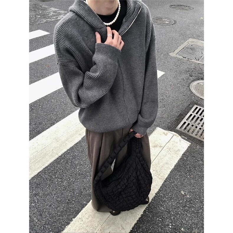 MY7102-P52深灰色cleanfit连帽针织外套男款秋冬美式复古开衫，女装短外套，电商B323A