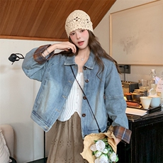 【现货】格纹袖口拼接短款牛仔外套--W511P145K198，女装短外套，2C209