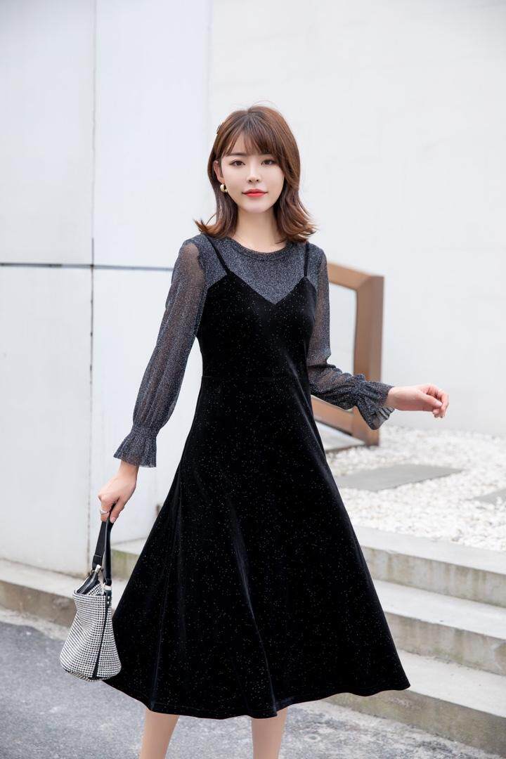 春装订货款：金丝绒搭配蕾丝连衣裙五个码、M到3个XL，女装连衣裙，拉思维加丝