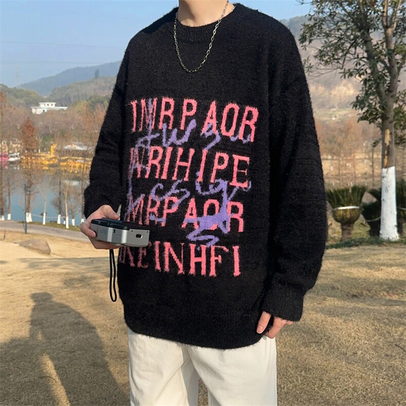 软糯字母水貂毛刷毛男宽松休闲情侣慵懒风线衣MY05678-P62，男装针织衫/毛衣，星座308B-2