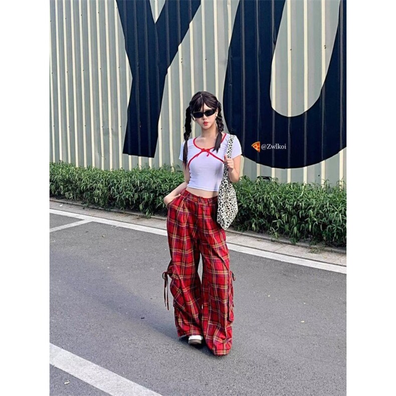 网图片   格子红色裤子女2025新款阔腿休闲拖地裤子潮K5873-P43图片