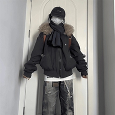 现货重磅boxy短款棉衣座山雕大毛毛领男女棉服水洗工装厚外套，男装棉衣，电商A486-1