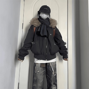 现货重磅boxy短款棉衣座山雕大毛毛领男女棉服水洗工装厚外套图片