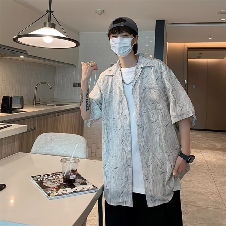 高级感冰丝衬衫男短袖夏季港风古巴领衬衣韩版潮流垂感宽松外套,男装衬衫,星座1013