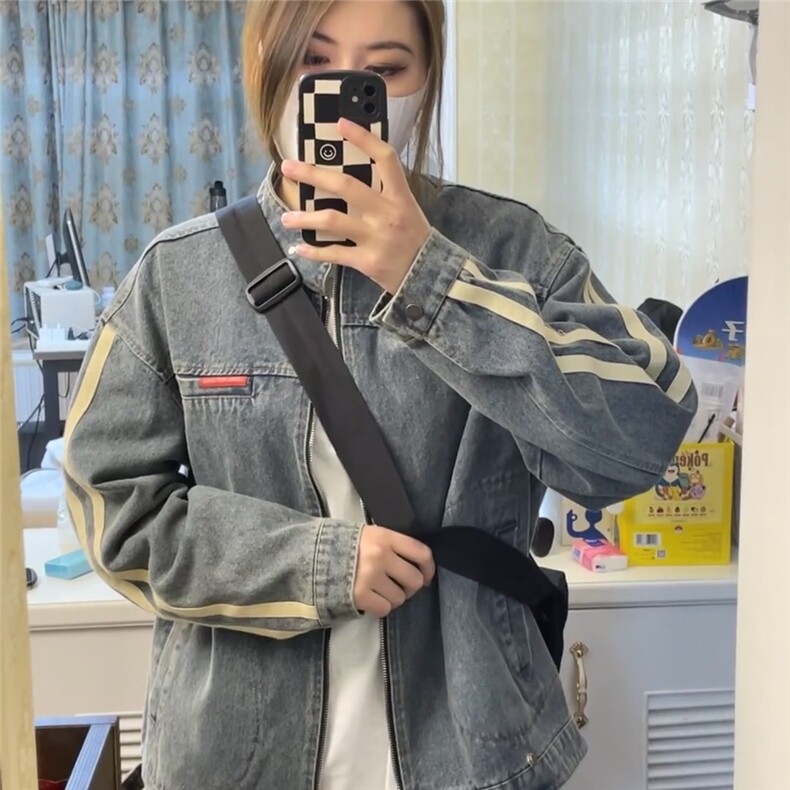 BLACKBB/美式复古水洗做旧条纹牛仔外套男女24s立领机车休闲夹克图片