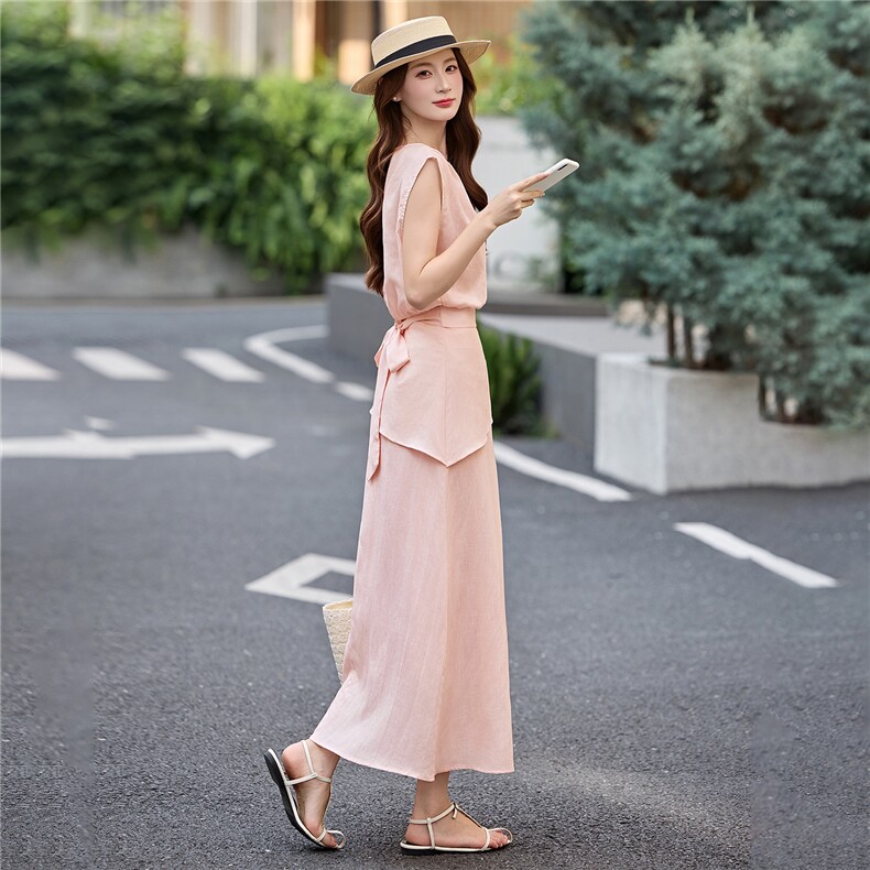 DLM866夏装新款天丝亚麻修身显瘦束腰系带屁帘半身裙两件套套装,女装套装/套裙,朵莱米