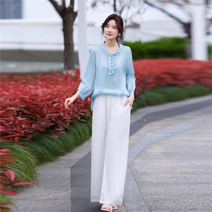 苎麻套装女夏2026新款宽松休闲时尚减龄棉麻阔腿裤两件套图片