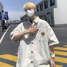 夏季新款牛仔短袖衬衫男外套日系薄款宽松休闲上衣，男装衬衫，星座410-7