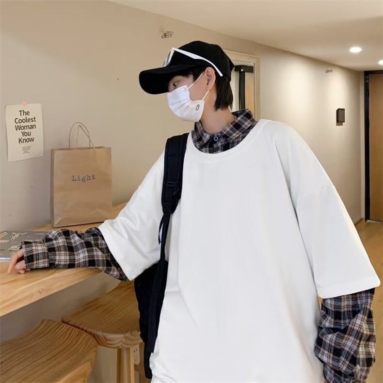 格子拼接假两件卫衣男士春秋季潮ins百搭设计感小众上衣WY011-P40图片