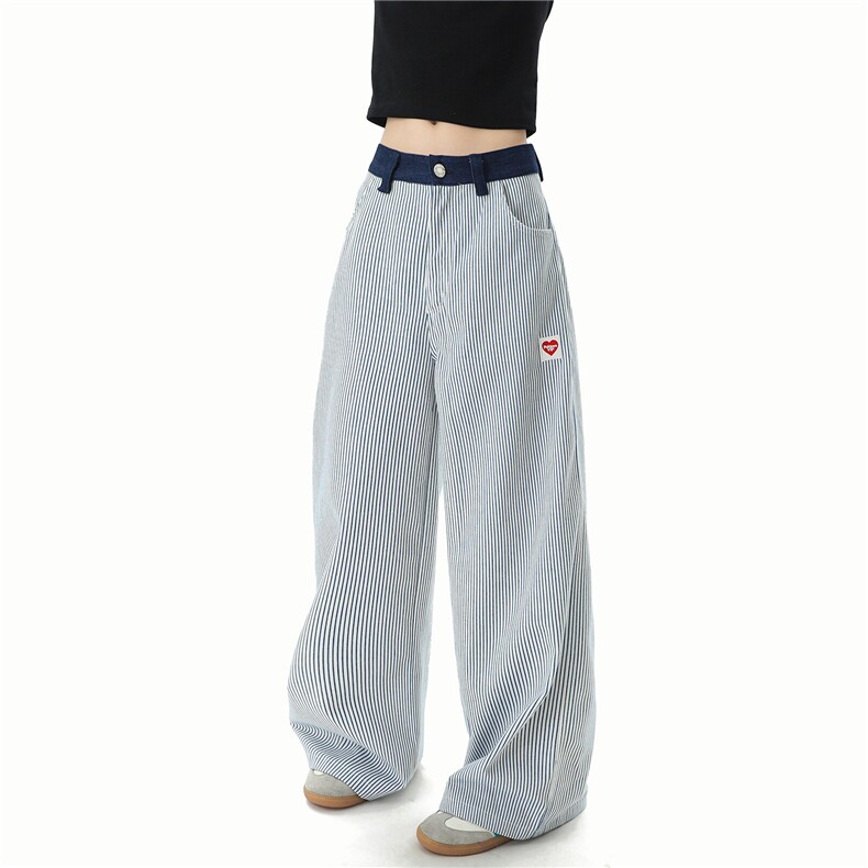 A165-K8971-特批4888刺绣爱心美式复古竖条纹裤子休闲裤直筒图片