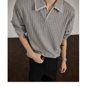 麻花针织polo衫男美式复古长袖卫衣肌理感休闲工装t恤L38011-P43图片