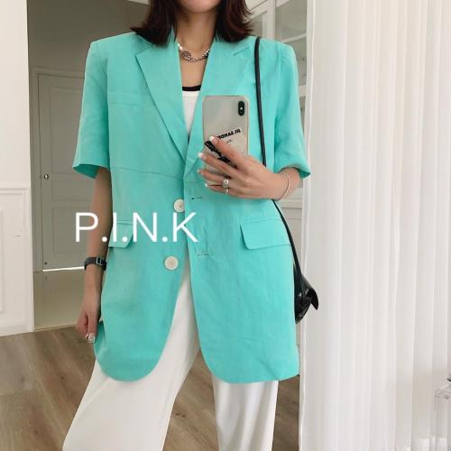 现货夏季新款棉麻彩织短袖西服当季连衣裙,女装连衣裙,PINK