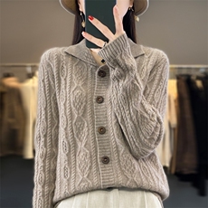秋冬翻领100%羊毛衫绞花开衫女加厚宽松慵懒长袖羊绒针织外套上衣，女装羊毛衫，昭美羊绒