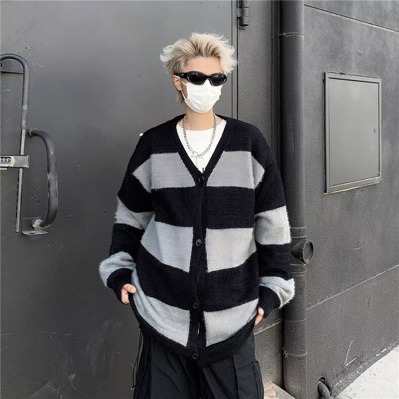 美式撞色V领开衫毛衣男慵懒风潮牌宽松条纹针织情侣外套MZ958-P55,男装针织衫/毛衣,星座412-3