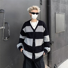 美式撞色V领开衫毛衣男慵懒风潮牌宽松条纹针织情侣外套MZ958-P55，男装针织衫/毛衣，星座412-3