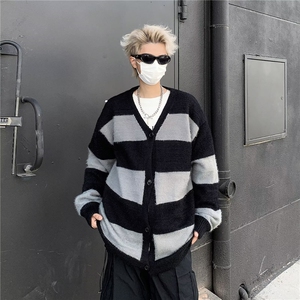 美式撞色V领开衫毛衣男慵懒风潮牌宽松条纹针织情侣外套MZ958-P55图片