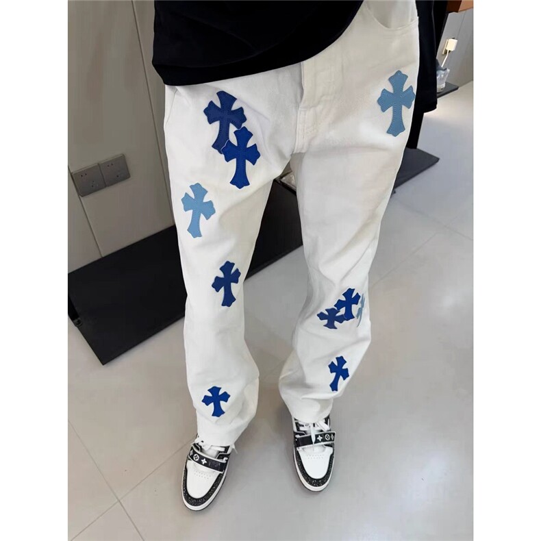 N7073-P48潮流白色皮标十字架牛仔裤气质流行新款百搭原宿日系，男装皮裤，电商B323A