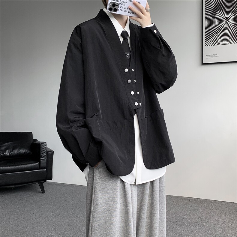 现货CS1161-p55新款高品质小众叠穿开衫大码衬衫上衣外套,男装衬衫,电商A059