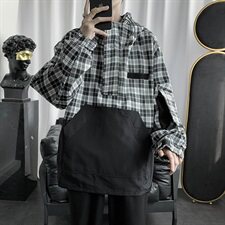 WY01-P95秋季套头卫衣男休闲宽松大码格子拼接连帽夹克外套，男装卫衣，电商B369（原A024）