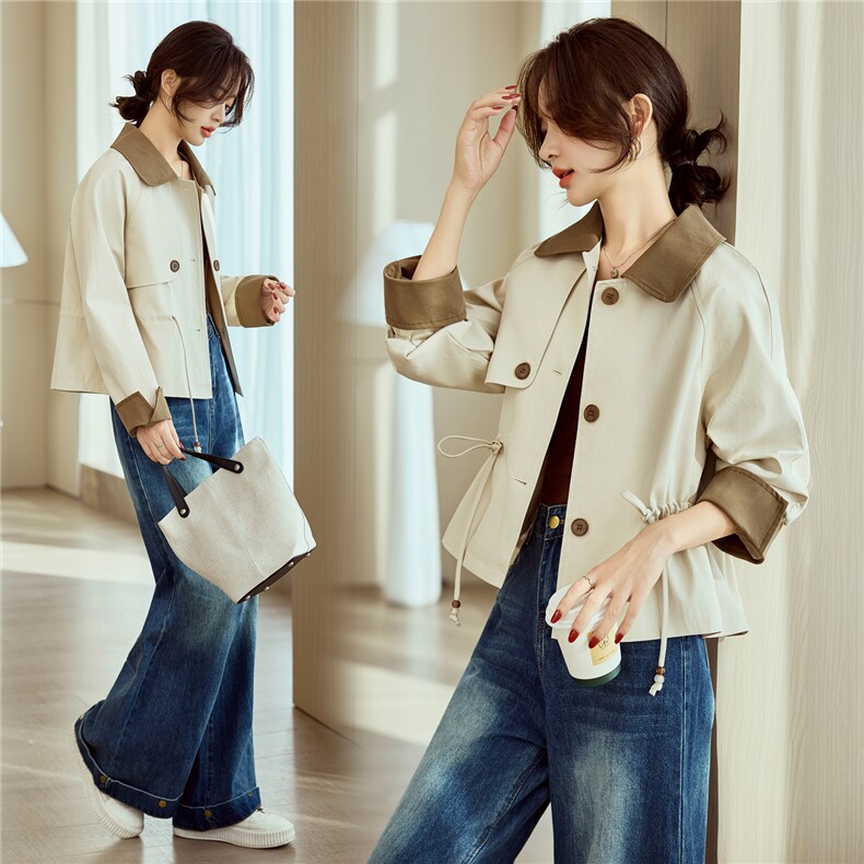 米色撞色短款女士风衣夹克2026早春新款小个子气质休闲英伦风外套，女装短外套，梦懿尔
