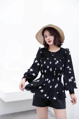 【现货】秋季新款时尚修身压皱花色雪纺针织拼接上衣，其它，名怡