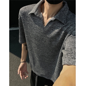26美式 老钱风麦穗v领短袖T恤衫翻领polo衫男 H1071特P38图片