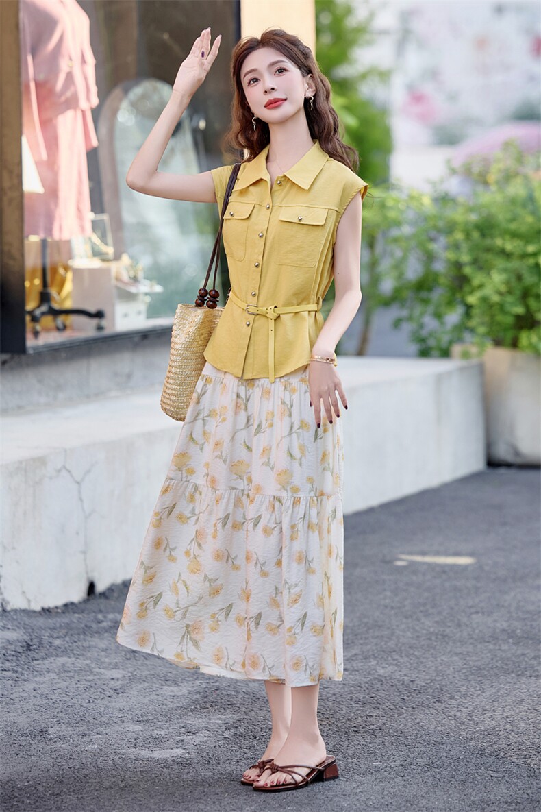 2025超火夏装一整套高级感夏日绝美无袖衬衫碎花半身裙洋气两件套,女装套装/套裙,意芙