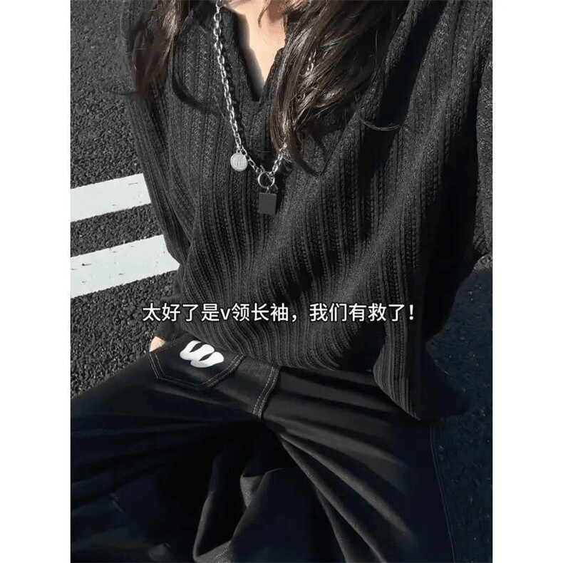 美式高街千鸟格子长袖T恤男女亨利V领英伦雅痞休闲宽松长袖打底衫，男装T恤，电商A443