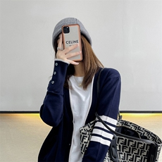 TB开衫外套女春秋韩版条纹拼色V领薄款宽松针织衫学院风白色上衣，女装针织衫/毛衣，雪真羊绒