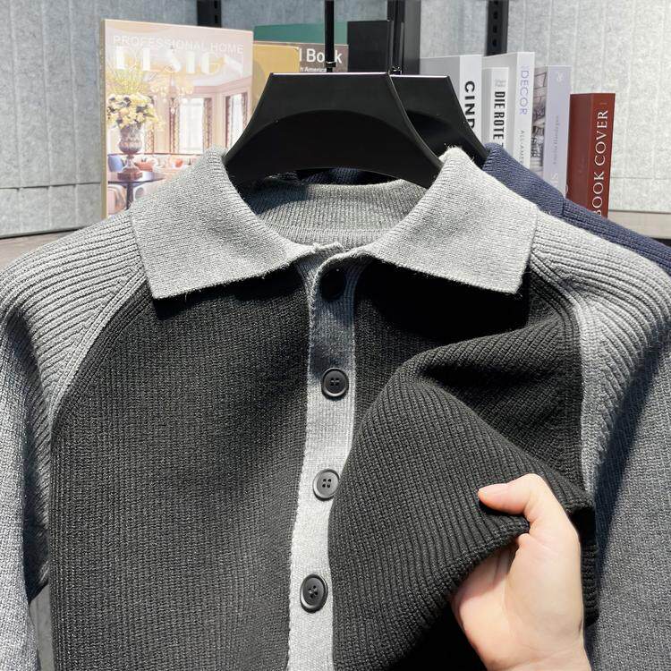 拼接长袖针织衫高级感商务休闲翻领百搭POLO衫上衣313B-M9830-P75,男装针织衫/毛衣,星座313B