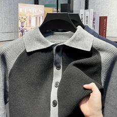 拼接长袖针织衫高级感商务休闲翻领百搭POLO衫上衣313B-M9830-P75，男装针织衫/毛衣，星座313B