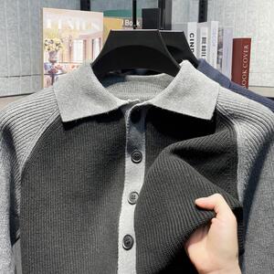 拼接长袖针织衫高级感商务休闲翻领百搭POLO衫上衣313B-M9830-P75