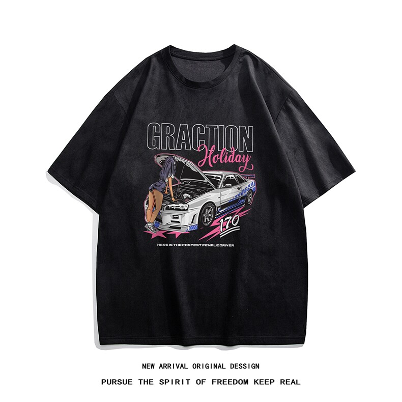 白底 23新款夏季时尚百搭鹿皮绒卡通印花短袖T恤DT1109P30控48图片