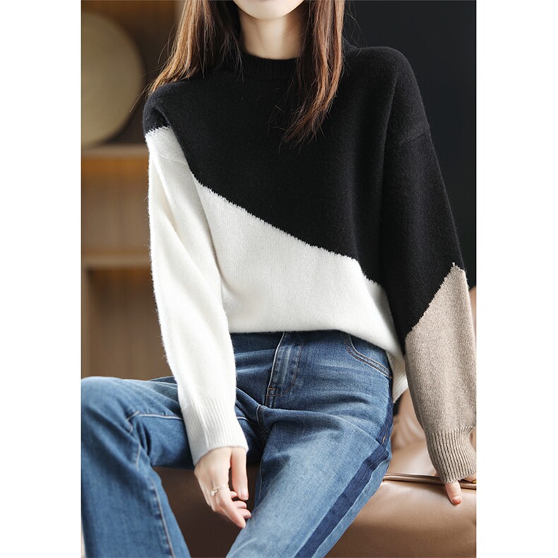 时尚百搭斜三色拼色羊毛针织衫显瘦修身长袖毛衣，女装羊毛衫，丽特绒