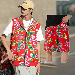 TZ002东北大花休闲连帽马甲坎肩背心男女团队服短裤运动套装汉服图片